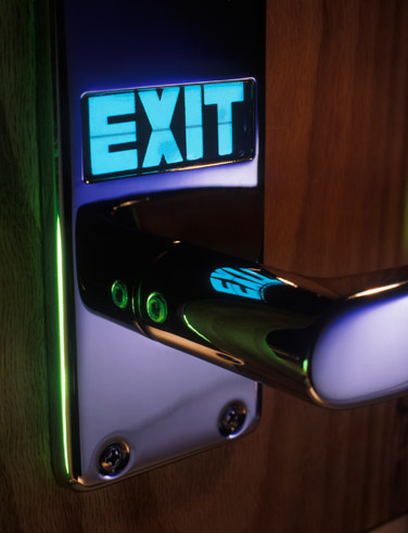 lighted exit sign on door panel handle